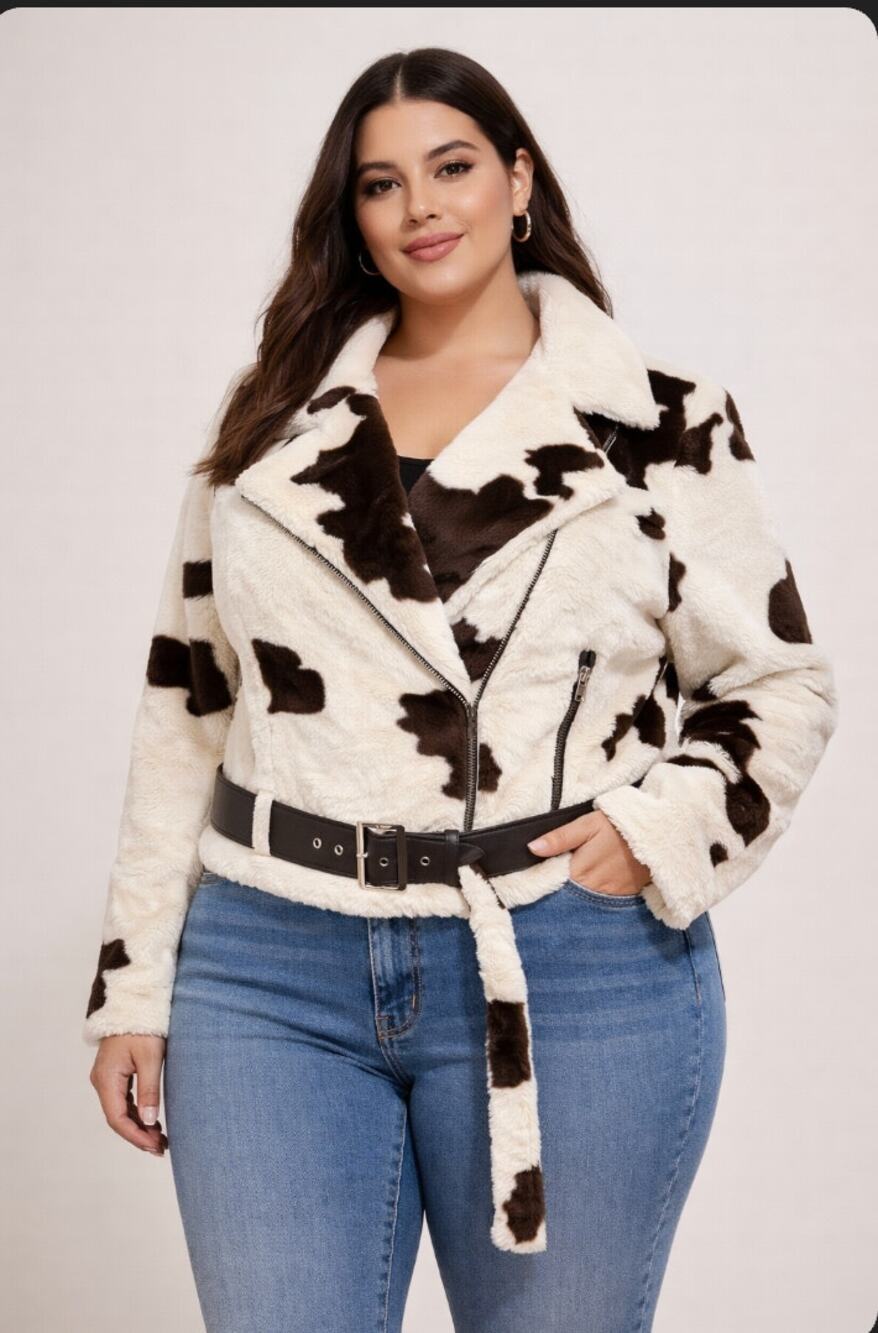 Forever 21 1X Cow Print Faux Fur Moto Jacket Cropped Plush Teddy Biker